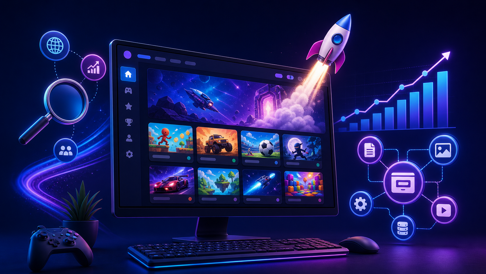 Modern HTML5 game portal dashboard with SEO growth tools