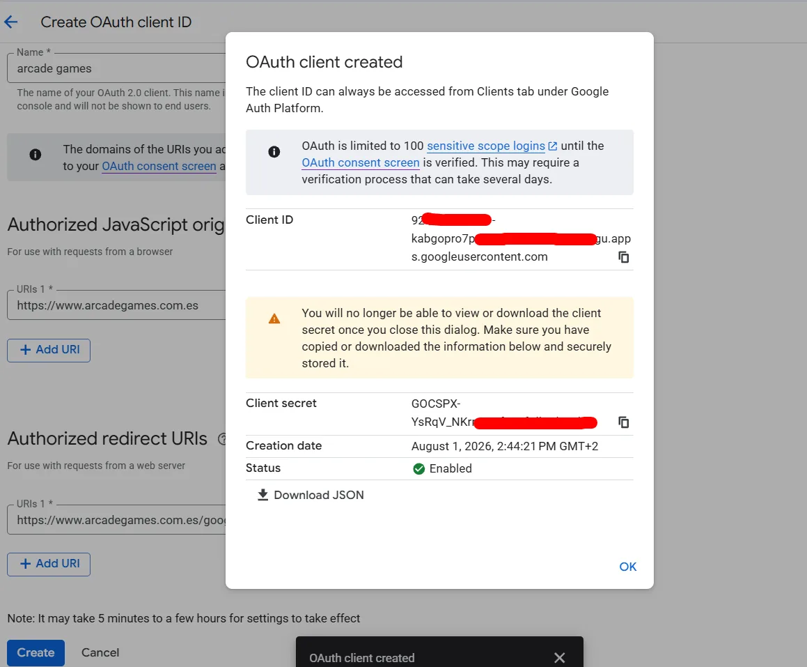 Google OAuth client-created dialog showing where to copy the Client ID and Client Secret